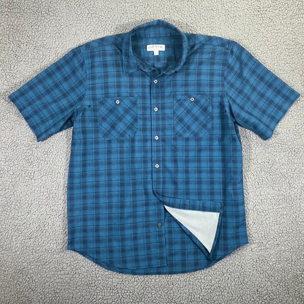 Orvis Mens Large Blue Plaid Short Sleeve Button Down Fishing Hiking Shirt L